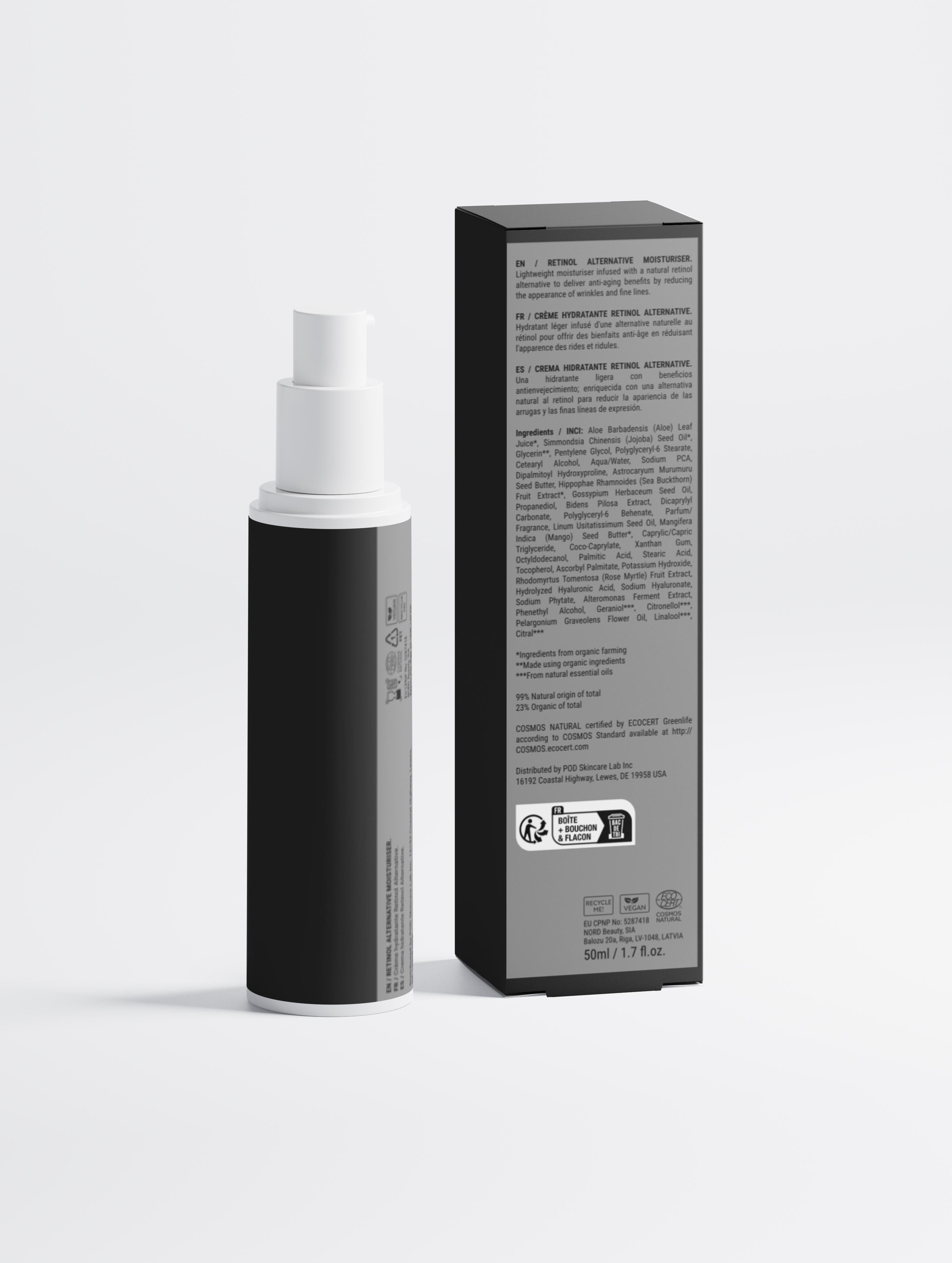 Black spray bottle and its packaging on a light gray background