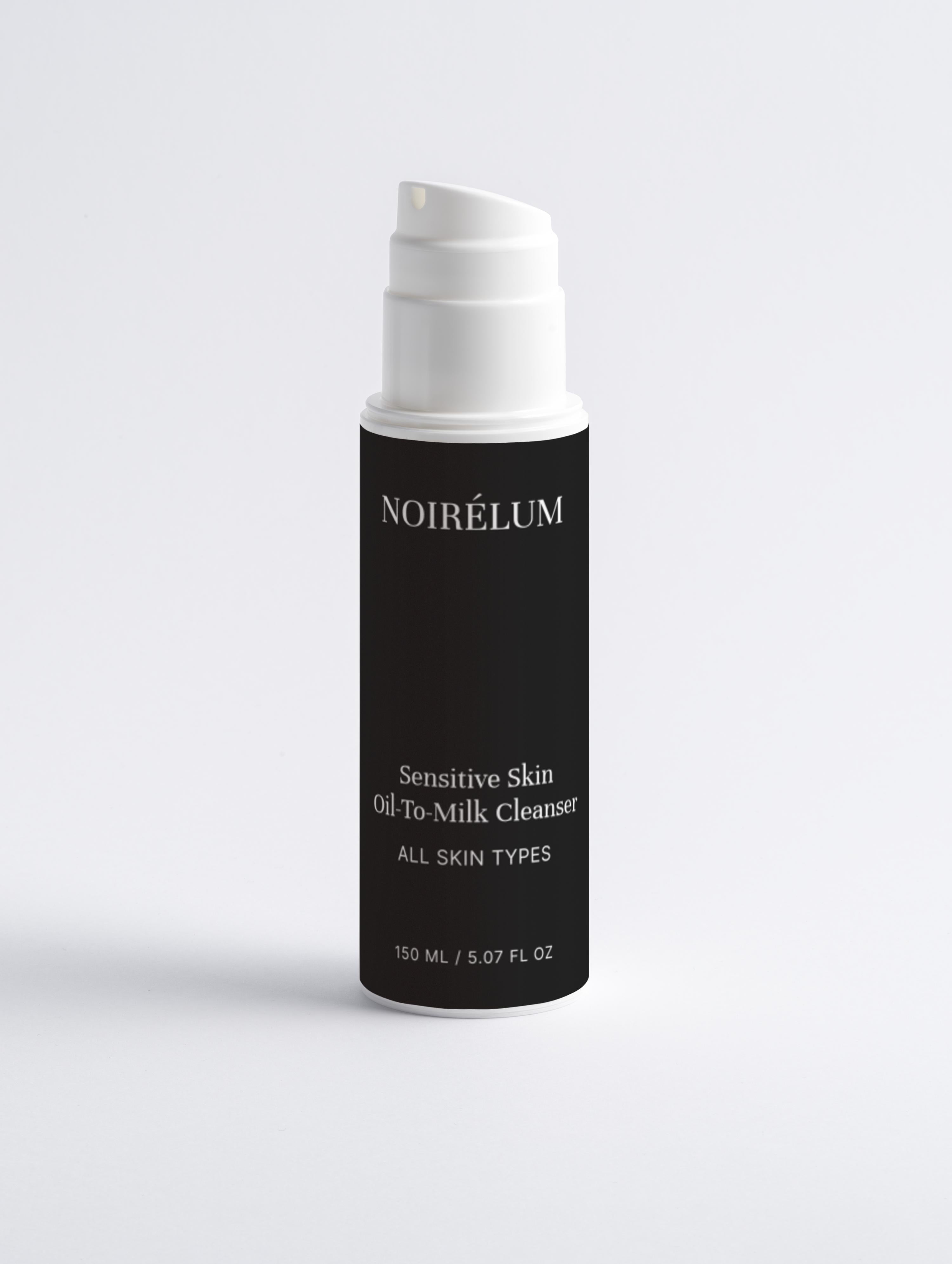 Skincare bottle labeled 'Noirelum' on a light gray background